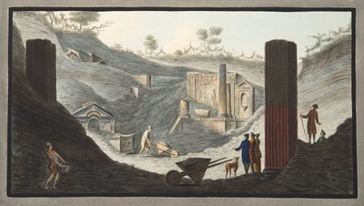 Varhaiset kaivaukset Herculaneumissa, joissa Sir William oli aktiivinen hallitsijoiden tuella, William Hamiltonin teoksesta "Campi Phlegraei: Observations on the Volcanoes of the Two Sicilies", 1776 tekijältä Pietro Fabris