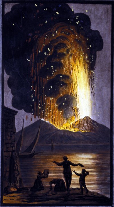 Purkautuva vesuvius. Tämän guassin toteutti Pierre Fabris Englannin Napoli-suurlähettilään Sir William Hamiltonin pyynnöstä.Bibl. Braidense, Milano. tekijältä Pietro Fabris