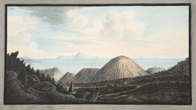 Näkymä vuonna 1760 tapahtuneen räjähdyksen nostattaman pienen vuoren nykytilasta, kuva XIII, Campi Phlegraei -lehdestä: Observations on the Volcanoes of the Two Sicilies", Sir William Hamilto. tekijältä Pietro Fabris