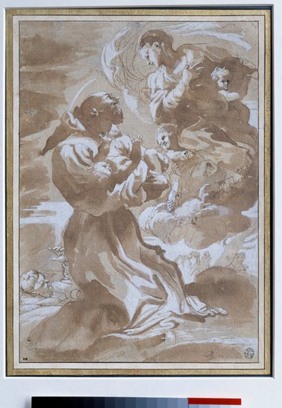 Neitsyt jakavat Jeesuksen lapsen pyhälle Francois Assisilaiselle Pietro Faccinin (1560-1602) piirustus 1500-luvun su. 0,23 x 0,33 m Pariisi. Louvren taidemuseo tekijältä Pietro Faccini