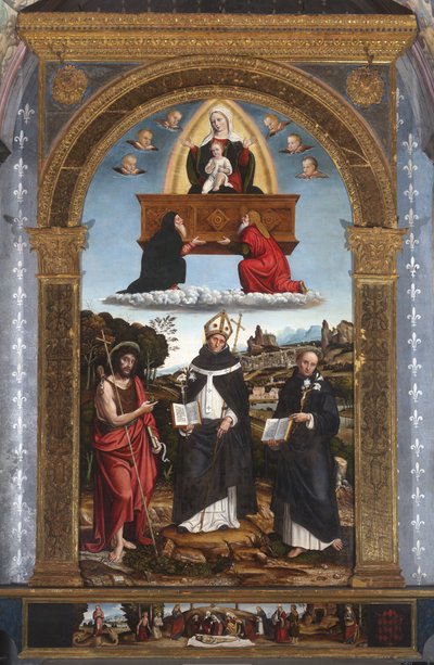 Madonna Odigitria pyhimysten kanssa: Johanneksen Kastajan, Antonino Firenzen ja Nicola Tolentinon kanssa. tekijältä Pietro Francesco (1485-1528) Sacchi
