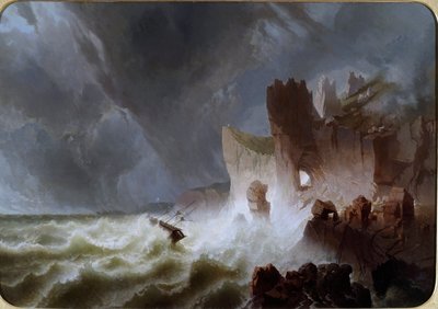 Lido solitario Merimaisema, jossa laiva joutui myrskyyn ja törmäsi kallioille. Pietro Giurian maalaus (1800-luku) Dim. 140x200 cm Genes Nervi, Galleria d