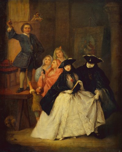 Charlatan lavalla naamioidut hahmot etualalla (öljy kankaalle) tekijältä Pietro Longhi