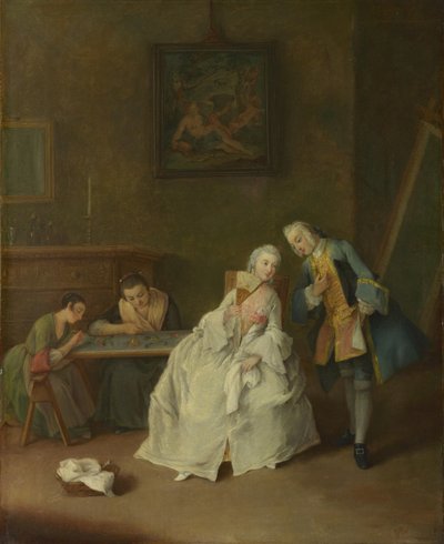 Nainen vastaanottamassa Cavalierin, 1747-1755 tekijältä Pietro Longhi