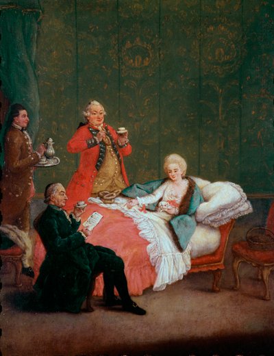 Aamun suklaa nuori nainen makaa sängyssään kolmen miehen palvelemana. Pietro Longhin (1702-1785) maalaus 1775-1780. Himmeä. 60x47 cm Ca 