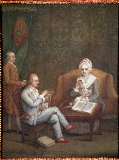 Muotokuva Adriana Giustinianista poikansa Gerolamo Ascanion kanssa ottamassa kuumaa kaakaota (Adriana Giustinian Barbarigo ja hänen poikansa Gerolamo Ascanio ottamassa kupillista suklaata) Pietro Longhin (1702-1785) maalaus 1779 noin. Mitat 58x45 cm Venets tekijältä Pietro Longhi