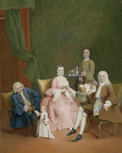Muotokuva venetsialaisesta perheestä palvelijan kanssa tarjoilemassa kahvia Muotokuva venetsialaisesta perheestä palvelijan kanssa tarjoilemassa kahvia tekijältä Pietro Longhi