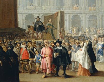 Koomikkojen esitys karnevaalin aikana Pyhän Markuksen aukiolla Venetsiassa, Pietro Longhin koulusta, yksityiskohta tekijältä Pietro Longhi