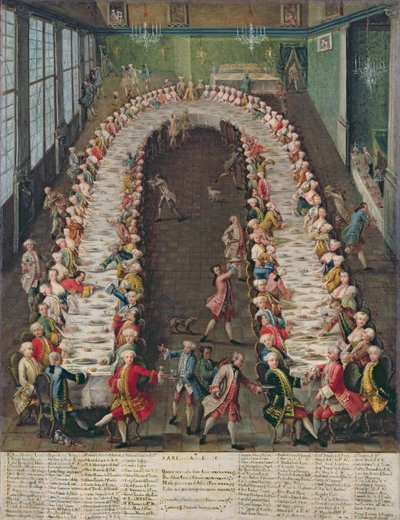 Juhla Casa Nanissa, joka pidettiin heidän vieraansa, Kölnin vaaliruhtinas arkkipiispan Clemente Auguston kunniaksi, 9. syyskuuta 1755 tekijältä Pietro Longhi