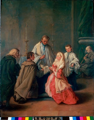 Sakramentit: "" Hääseremonia "" Pietro Longhin (Pietro Falca) maalaus (1702-1785) 1755 noin. Su. 62x50 cm Venetsia, Querini-Stampalian kuvagalleria tekijältä Pietro Longhi