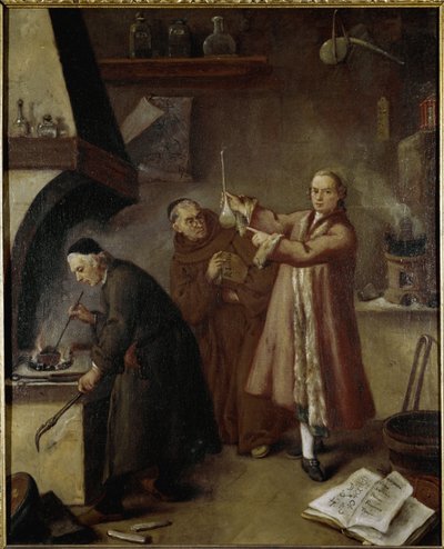 Alkemistin laboratorio. Pietro Longhin (1702-1785) maalaus Palazzo Ca 