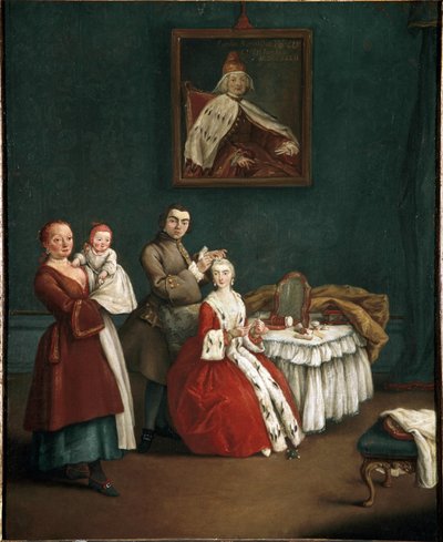 Kampaaja (The hairdresser) Pietro Longhin (1701-1785) maalaus 1760 Mitat 63x51 cm Venetsia, Ca 