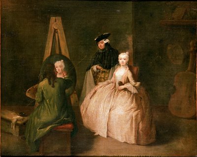 Maalarin ateljee Taidemaalari maalaustelineensä edessä kuvaa nuorta naista. Pietro Longhin (1702-1785) maalaus 1740-1745 Sun. 44x53 cm Venetsia, Ca 