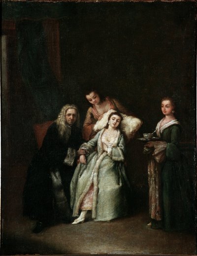 Sairas nainen Lääkärin käynti sairaiden pulssia ottamassa Pietro Longhin (1702-1785) maalaus 1741 Koko 52x41 cm Venetsia, Ca