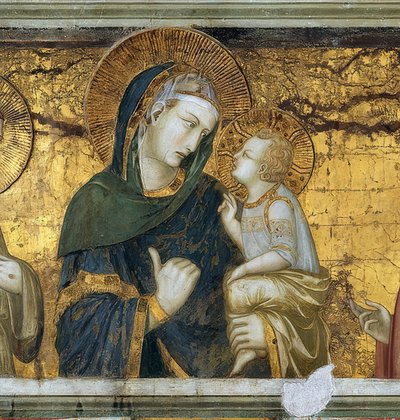 Neitsyt ja lapsi Franciscus Assisilaisen ja Johannes Evankelistan välillä. Yksityiskohta. 1315-1319 tekijältä Pietro Lorenzetti