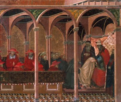 Honorius III:n hyväksymä karmeliitin sääntö, yksityiskohta Pietro Lorenzettin (noin 1280-1348) Carmine-alttaritaulun predellasta, tempera ja kulta puupaneelissa tekijältä Pietro Lorenzetti