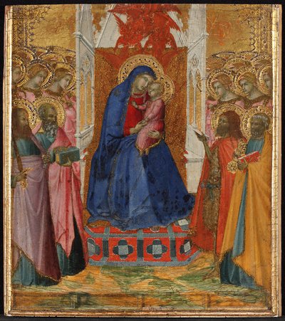 Maria auf dem Thron mit dem Kind, anbetende Engel und Heilige Paulus, Johannes der Evangelist, Johannes der Täufer und Petrus tekijältä Pietro Lorenzetti