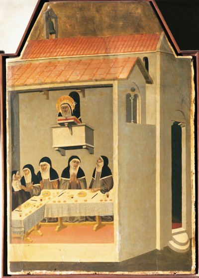 Siunattu nöyryys onnistuu ihmeellisesti lukemaan Santa Perpetuan ruokasalissa Pietro Lorenzettin (n. 1280-1348) Siunatun Nöyryyden alttaritaulun laatta, tempera ja kulta puulla tekijältä Pietro Lorenzetti