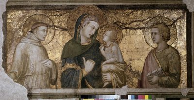 Neitsyt ja lapsi Pyhän Johanneksen ja Pyhän Francoisin välillä Pietro Lorenzettin (1280-1348) fresko Assisissa (Assisi), Alempi basilika, Orsini-kappeli. tekijältä Pietro Lorenzetti