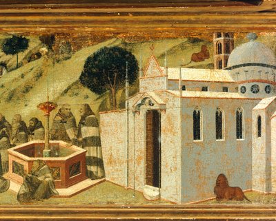 Ensimmäiset karmeliitin erakot Elian lähteellä, yksityiskohta Carmine, Pietro Lorenzetti (noin 1280-1348) alttaritaulun predellistä, tempera ja kulta puulla, Pinacoteca Nazionale, Siena tekijältä Pietro Lorenzetti