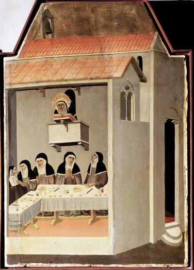 Lukutaidoton pyhimys lukee ihmeellisesti (Pyhän Nöyryyden polyptyykki) - Detrempe puulla 1300-luku tekijältä Pietro Lorenzetti