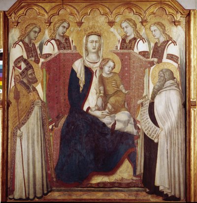 Neitsyt ja lapsi Pyhän Nikolauksen ja Pyhän Elian välillä. Keskipaneeli, Karmelin alttaritaulu (Tempera puulla tekijältä Pietro Lorenzetti