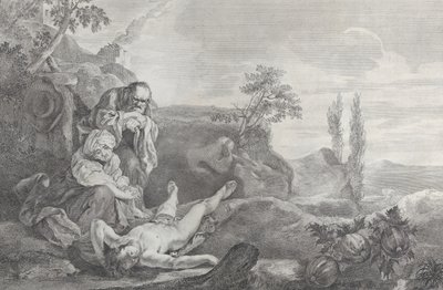 Aadam ja Eeva vasemmalla, iäkäs pariskunta, suremassa Abelin ruumista, joka makaa..., 1743-63. tekijältä Pietro Monaco