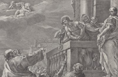 Kristus parvekkeella vartijoiden ympäröimänä, Pilatus seisoo oikealla viitellen towa..., n. 1730-39. tekijältä Pietro Monaco