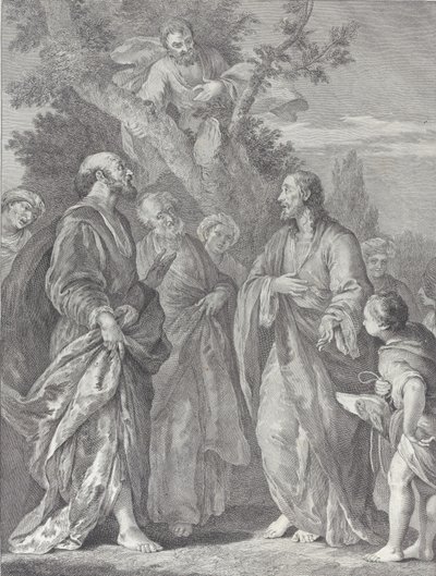 Sakkeuksen kääntymys, jossa Kristus oikealla puhuu publikaanille, joka istuu..., 1730-39. tekijältä Pietro Monaco