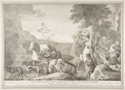 Esau ja hänen perheensä eroavat Jaakobista Esaun vaimoineen, poikineen ja aineineen sepa ..., 1743-63. tekijältä Pietro Monaco
