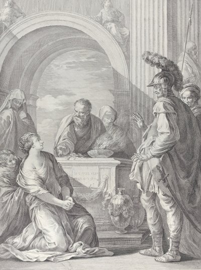 Jeftan tytär polvistumassa uhrialttarin luona, isänsä seisomassa oikealla..., 1730-50. tekijältä Pietro Monaco