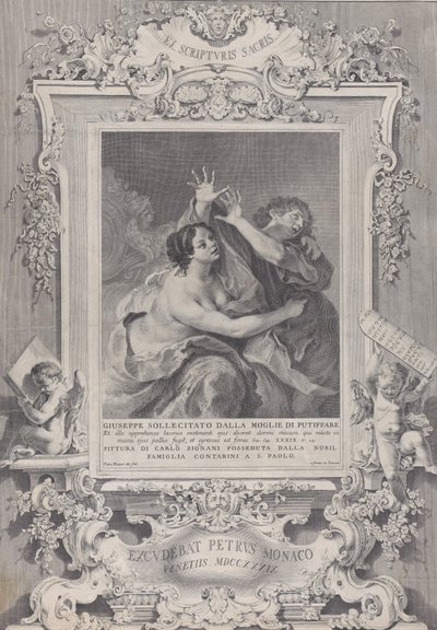 Joosefin ja Potifarin vaimo koristeellisessa kehyksessä, 1739. tekijältä Pietro Monaco