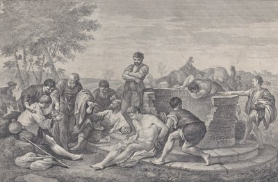 Hänen veljensä myyvät Joosefin orjuuteen, jotka istuvat kaivon ympärillä, jakaen n..., 1730-39. tekijältä Pietro Monaco