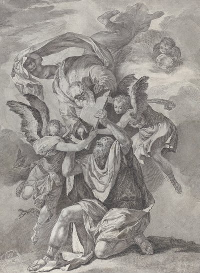 Mooses saa Lakitaulut Jumalalta, joka laskeutuu alas taivaasta..., n. 1730-39. tekijältä Pietro Monaco