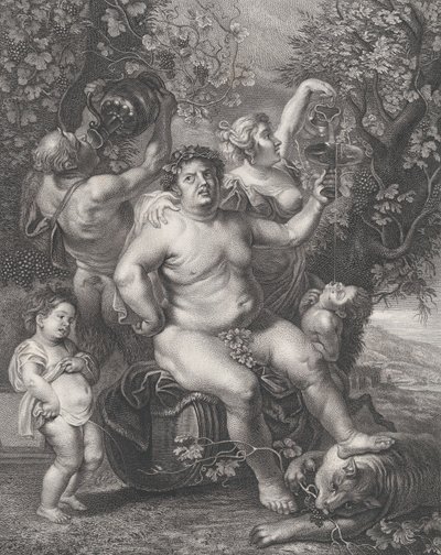Bacchus istuu tynnyrillä viiniköynnösten edessä, bakhantien, satyyrien ja lasten kanssa..., 1758. tekijältä Pietro Peiroleri