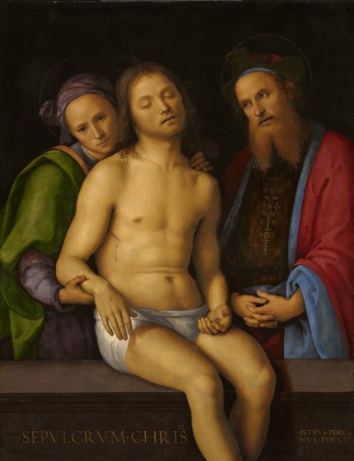 Kuollut Kristus Joosefin Arimatialaisen ja Nikodeemuksen kanssa tekijältä Pietro Perugino