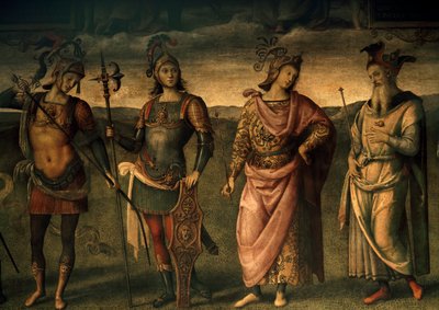 Leonidas Lacedaemonian, Horatius Cocles, Publius Scipio, Perikles Ateenasta, Väitteet ja maltillisuus kuuden antiikkisankarin kanssa tekijältä Pietro Perugino
