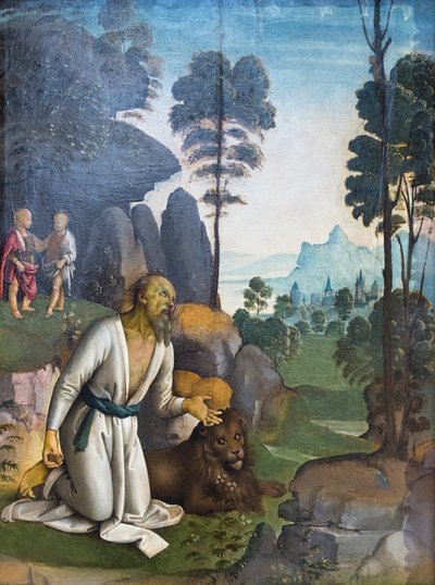 Katuva pyhimys Hieronymus ja Jeesus-vauva ja pyhä Johannes Kastaja lapsena (öljy paneelissa) tekijältä Pietro Perugino