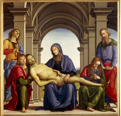 Pieta on kuvattu Jeesuksen Kristuksen ruumiin ympärillä: Pyhä Joosef Arimatialainen, Pyhä Nikodema, Pyhä Maria Magdaleena, Pyhä Johannes ja Neitsyt Maria. Pietro di Cristoforo Vannuccin maalaus Le Peruginista (Il Perugino tekijältä Pietro Perugino