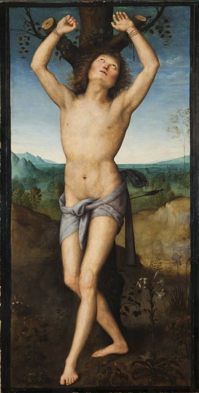 Saint Sebastien - Saint Sebastian, kirjoittanut Perugino (noin 1450-1523). Öljy puulle. Mitat: 174x88 cm. Tukholman kansallismuseo tekijältä Pietro Perugino