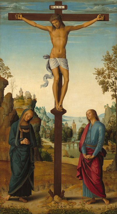 Ristiinnaulitseminen Neitsyen, Pyhän Johanneksen, Pyhän Hieromuksen ja Pyhän Maria Magdaleenan kanssa [keskipaneeli] tekijältä Pietro Perugino