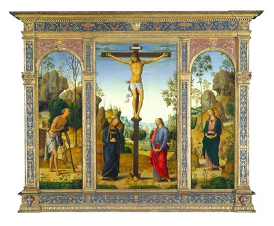 Ristiinnaulitseminen Neitsyen, Pyhän Johanneksen, Pyhän Hieromuksen ja Pyhän Maria Magdaleenan kanssa, n. 1482-1485 (öljy paneelissa siirretty kankaalle) tekijältä Pietro Perugino