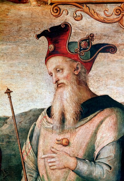 Kreikkalainen strategia ja valtiomies Perikles (495-429 eKr.) Yksityiskohta Pietro Vannucci dit il Peruginon (Perugin) freskosta "Voima ja raittius kuuden muinaisen sankarin kanssa" tekijältä Pietro Perugino