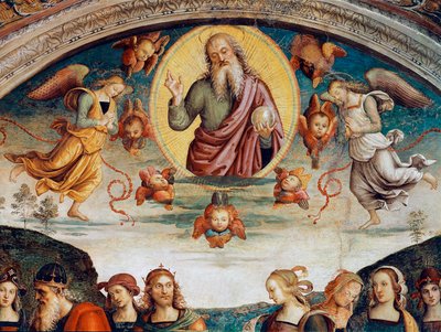 Herra ympäröi profetioita ja sibyylejä, jotka edustavat Kaikkivaltiaan Herraa. Pietro Vannuccin fresko dit il Perugino (Perugin) (1448-1523) 1500 Dim. 229x370 cm Perugia, Collegio del Cambio tekijältä Pietro Perugino