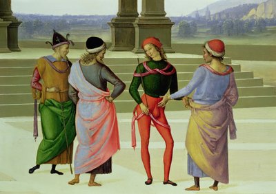 Neitsyt Marian avioliitto, yksityiskohta neljästä keskustelevasta miehestä, 1500-04 öljy kankaalle yksityiskohta kuvasta 53750. tekijältä Pietro Perugino