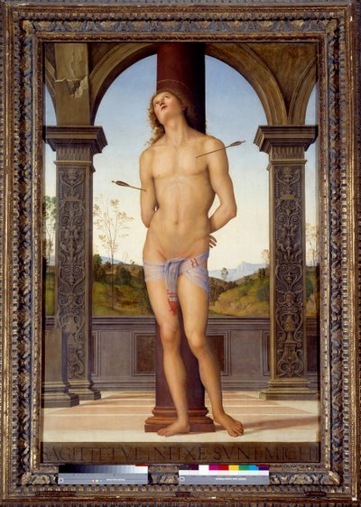 San Sebastianin marttyyrikuolema Pietro di Cristoforo Vannuccin maalaus (Le Perugin tai Il Perugino) (1446-1523) 1500-luvun su. 1,76x1,16 m - San Sebastianin (tai Pyhän Sebastianin) marttyyrikuolema. Cristoforo Vannuccin Pietron maalaus (Il Perugino tai Le tekijältä Pietro Perugino