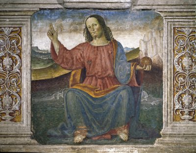 Lunastaja, Jeesus pitelee maapalloa ja kohottaa kätensä siunauksen merkiksi (Fresko tekijältä Pietro Perugino