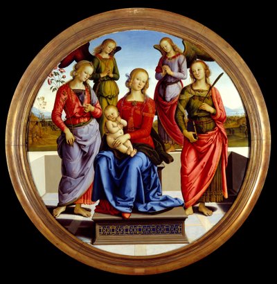 Neitsyt ja lapsi kahden enkelin, Pyhän Ruusun ja Pyhän Katariinan, ympäröimänä. Pietro Vannucci dit il Peruginon maalaus (Perugin tekijältä Pietro Perugino
