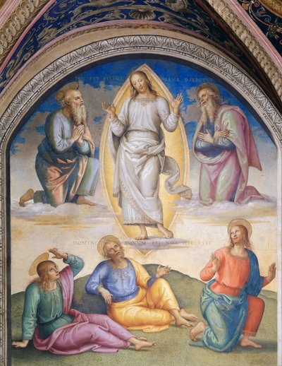 Kirkastus: Valkoiseen pukeutunutta Kristusta ympäröivät Mooses ja Elia, apostoli Johanneksen, Pietarin ja Jaakobin alapuolella tekijältä Pietro Perugino