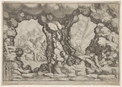 Jättiläinen, joka nostaa lohkaretta keskellä, muut jättiläiset vasemmalle ja oikealle kamppailevat ja etsivät..., n. 1680. tekijältä Pietro Santi Bartoli